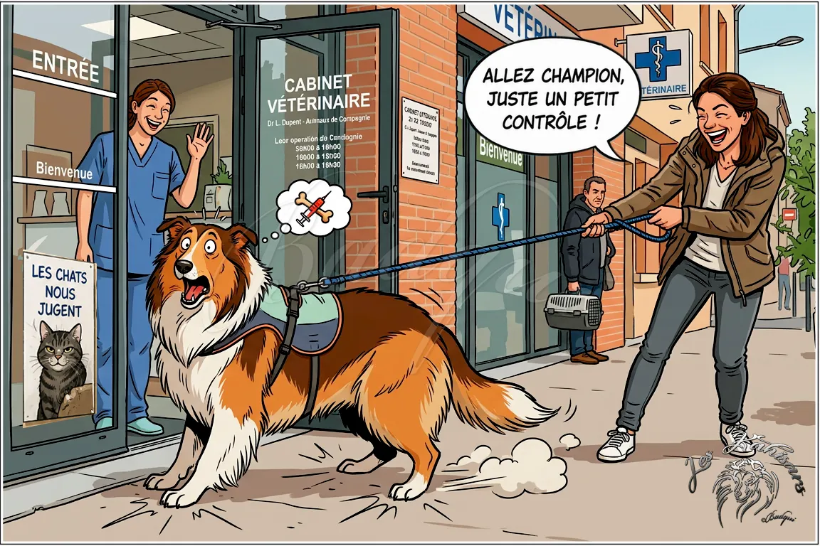 Dessin d'un colley qui refuse d'aller chez le vétérinaire